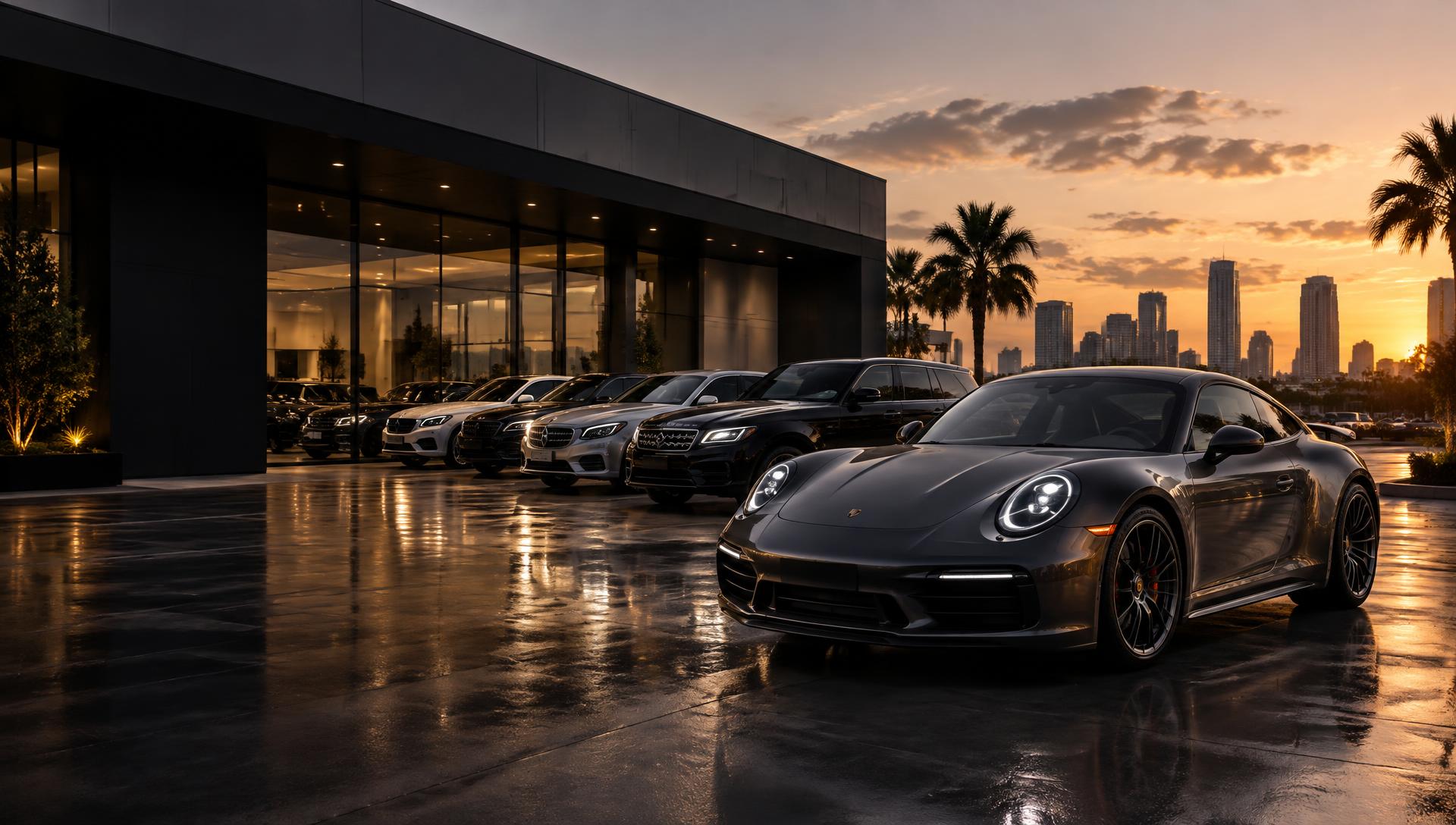 Cinematic lineup of vehicles outside a modern dealership