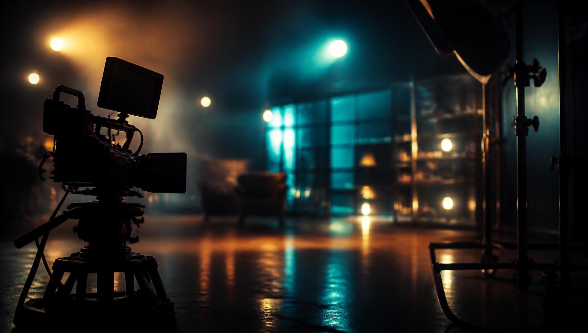Cinematic film studio with camera and lighting